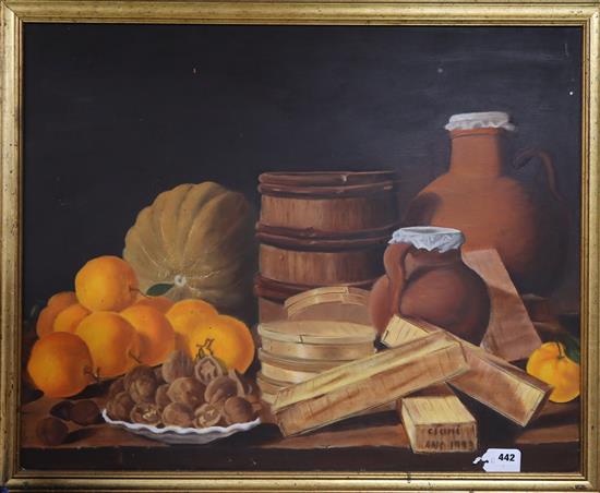 English School, oil on canvas, Still life of oranges, walnuts and boxes on a table, 60 x 75cm